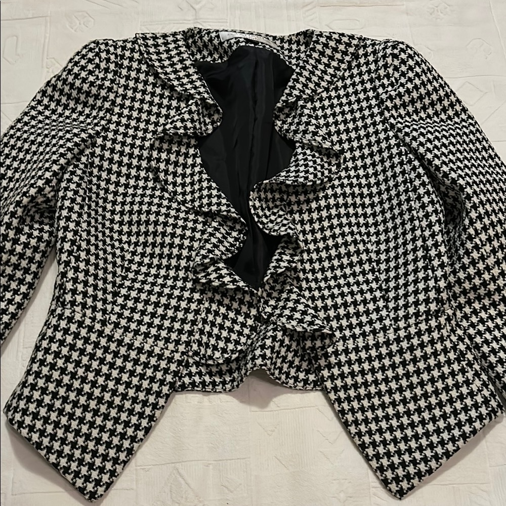 Tahari Black and White Houndstooth Blazer with Ruffled Lapel